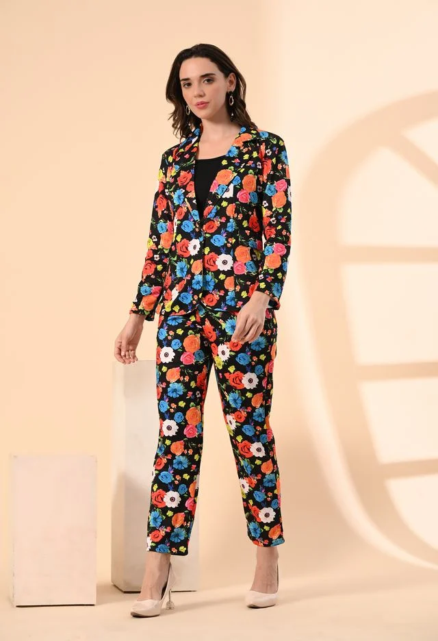 Women’s 3-Piece Cotton Blend Suit Set – Formal Blazer, High-Waist Pants & Camisole Top | Elegant Office Wear & Business Attire for Work, Meetings, and Events EW PRINTED FLORAl 3PS SUIT XL image 1