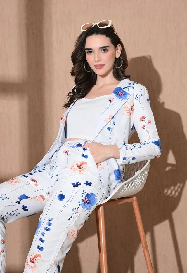 Women’s 3-Piece Cotton Blend Suit Set – Formal Blazer, High-Waist Pants & Camisole Top | Elegant Office Wear & Business Attire for Work, Meetings, and Events EW PRINTED FLORAl 3PS SUIT M image 5