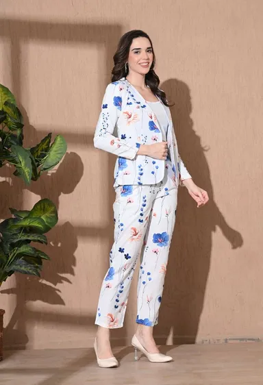 Women’s 3-Piece Cotton Blend Suit Set – Formal Blazer, High-Waist Pants & Camisole Top | Elegant Office Wear & Business Attire for Work, Meetings, and Events EW PRINTED FLORAl 3PS SUIT L thumbnail 2