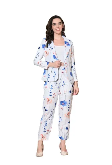 Women’s 3-Piece Cotton Blend Suit Set – Formal Blazer, High-Waist Pants & Camisole Top | Elegant Office Wear & Business Attire for Work, Meetings, and Events EW PRINTED FLORAl 3PS SUIT L thumbnail 0