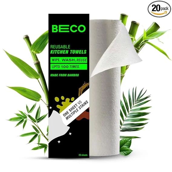 Beco Reusable Bamboo Kitchen Towel Roll 20 Sheets 2000 Times Washable Soft Highly Absorbent Eco Friendly Alternative to Paper Towel for Home Cleaning India image 1