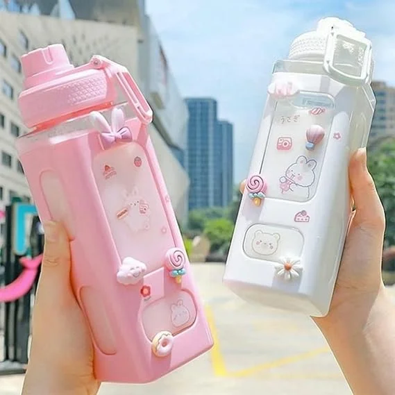 Kawaii Water Bottle With Straw Stickers Cute Aesthetic Bottle Kawaii Milk Bottle Tea Cup Juice Shaker Portable Plastic Sport Square Shape Drinking Bottle 700 ml image 1