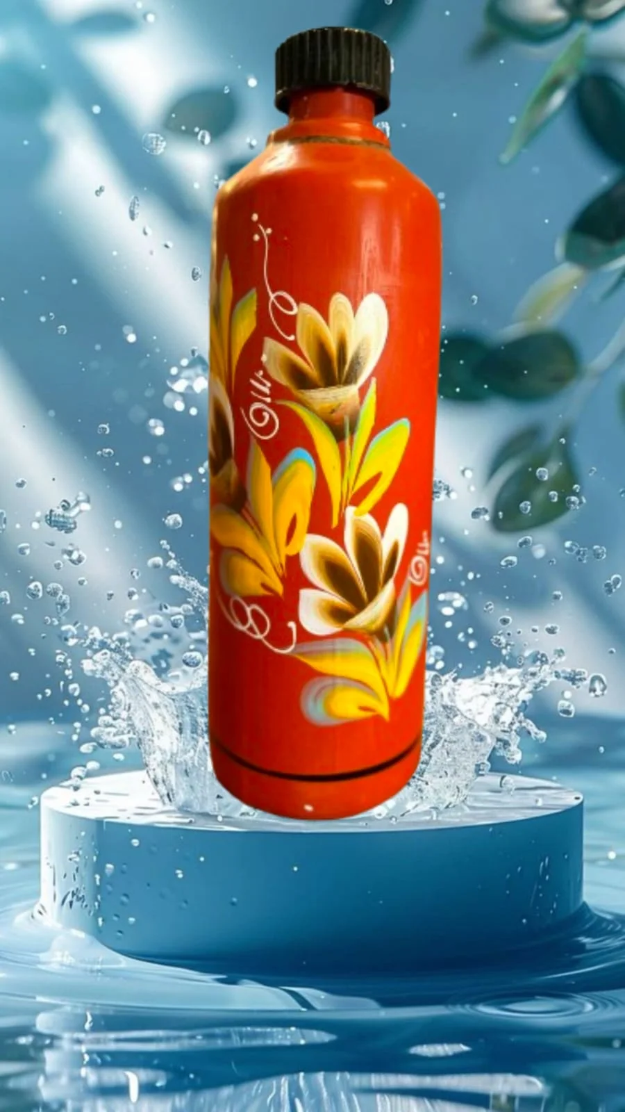 Handcrafted 1 Litre Natural Clay Water Bottle Red Floral Hand Painted Terracotta Matka Bottle with Leak Proof Cap Ayurvedic Cooling Drinking Water Storage for Home Office Yoga image 2
