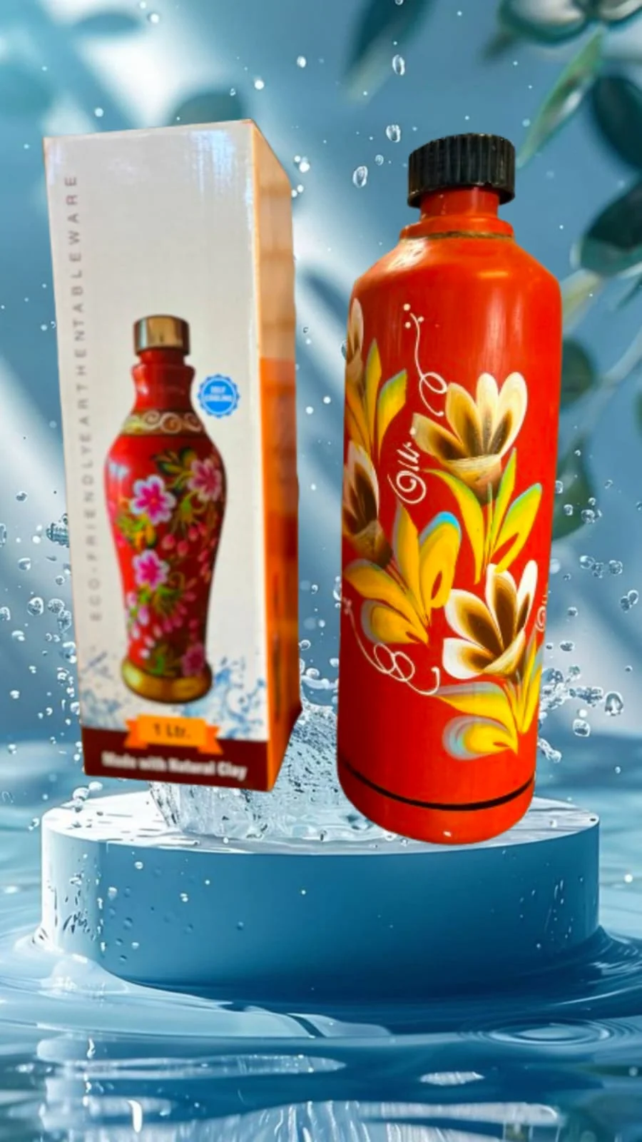 Handcrafted 1 Litre Natural Clay Water Bottle Red Floral Hand Painted Terracotta Matka Bottle with Leak Proof Cap Ayurvedic Cooling Drinking Water Storage for Home Office Yoga image 1