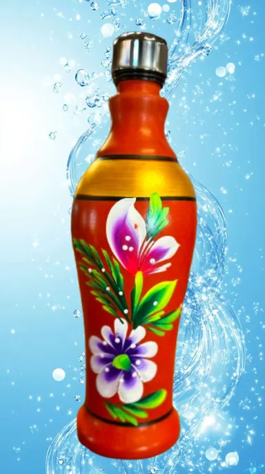 Handcrafted 1 Litre Red Clay Water Bottle with Hand Painted Floral Design & Stainless Steel Cap | Eco-Friendly Terracotta Matka Bottle | Ayurvedic Cooling Drinking Water Storage Bottle BPA Free India thumbnail 1