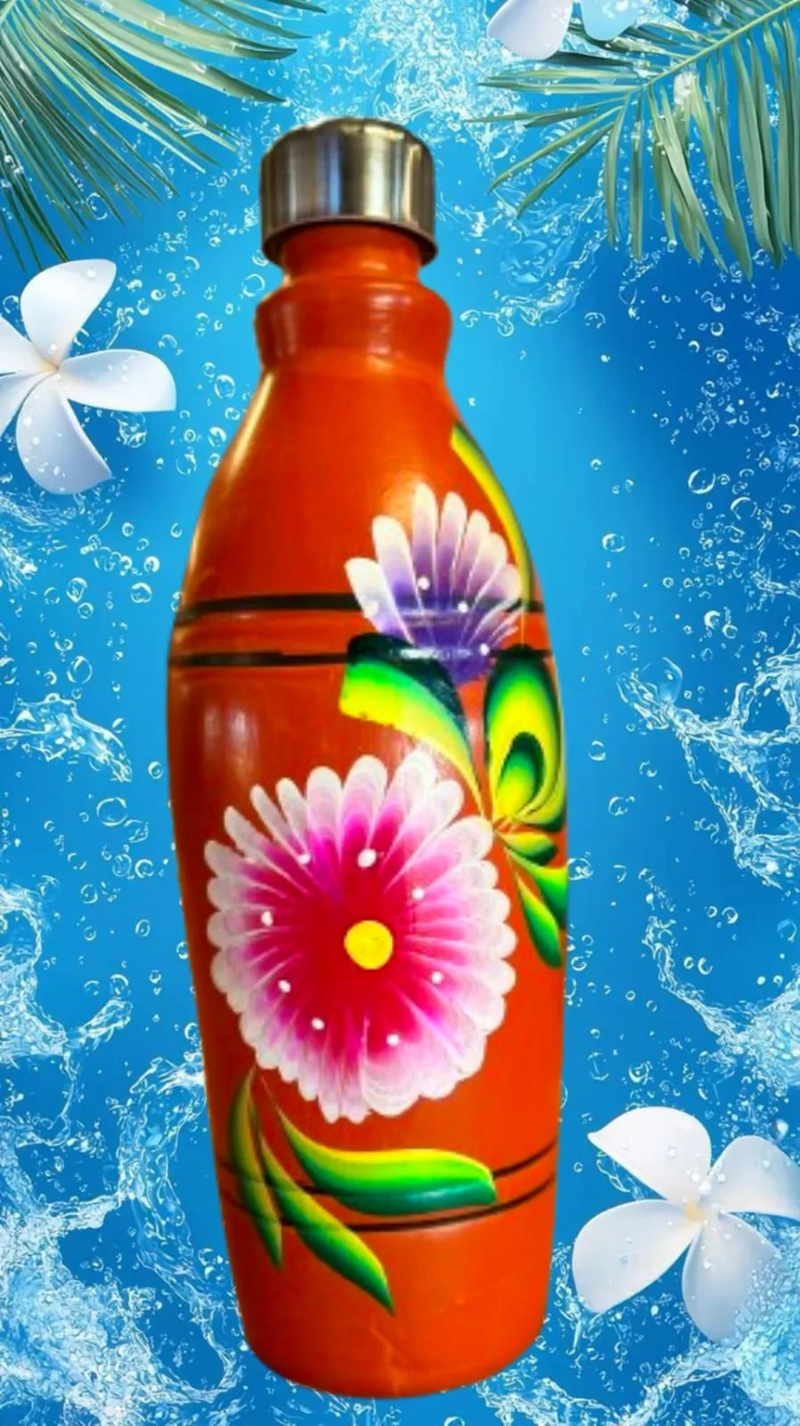 Hand-Painted 1 Litre Red Clay Water Bottle with Floral Design & Stainless Steel Cap | Eco-Friendly Terracotta Ayurvedic Drinking Water Bottle | Chemical-Free, BPA-Free Natural Matka Bottle India image 2