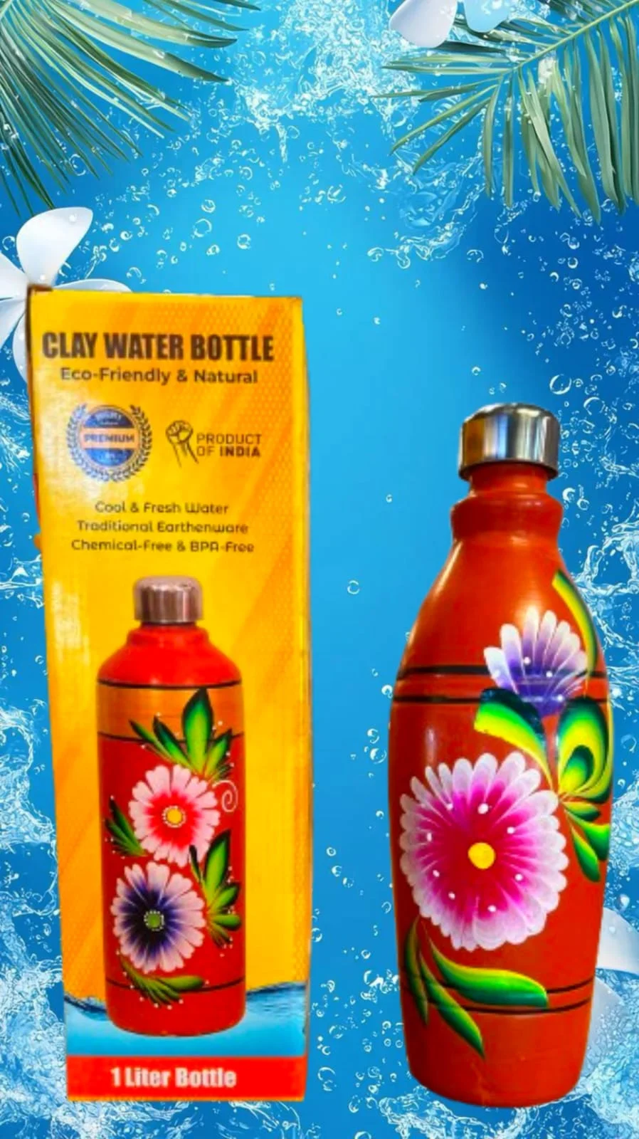 Hand-Painted 1 Litre Red Clay Water Bottle with Floral Design & Stainless Steel Cap | Eco-Friendly Terracotta Ayurvedic Drinking Water Bottle | Chemical-Free, BPA-Free Natural Matka Bottle India image 1