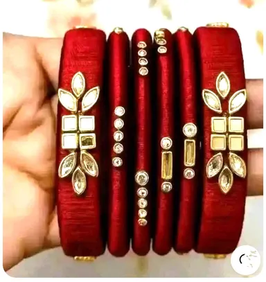 Red Silk Thread Bangles Set for Women 6 Pieces with Stone & Kundan Work Size 2.6 Traditional Ethnic Jewelry thumbnail 0