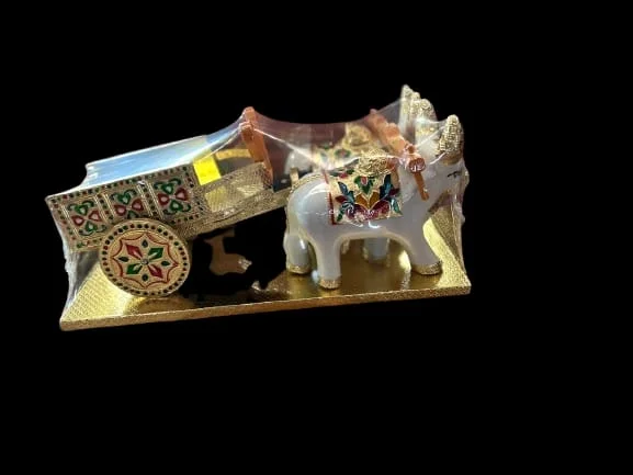 Golden White Wooden Bullock Cart Showpiece for Home Decor Traditional Rustic Antique Vintage Artifacts Handcrafted Wooden Mini Bullock Cart Decorative Gift Item India image 1