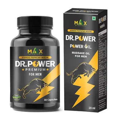 Max Ayurveda Dr Power Premium Ayurvedic Capsules 30 Count with 20ml Herbal Massage Oil Combo Pack for Men Strength Stamina Performance Vitality Enhancement Supplement thumbnail 0