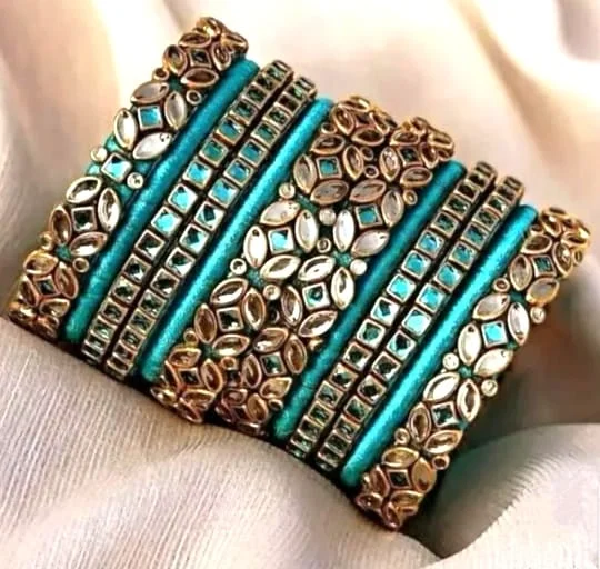 Turquoise Silk Thread Bangles Set for Women 6 Pieces Size 2.6 with Kundan and Stone Work Traditional Ethnic Indian Bridal Stacking Bangles image 1