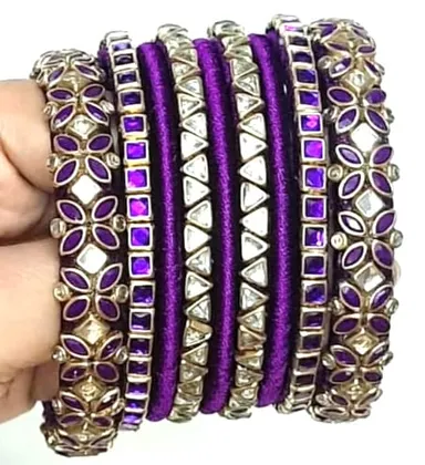 Purple Silk Thread Bangles Set for Women 6 Pieces Size 2.6 with Kundan and Stone Work Traditional Ethnic Indian Bridal Stacking Bangles thumbnail 0