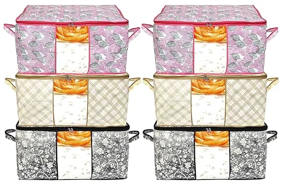Metallic Print Non Woven Underbed Storage Bags 6 Pieces Set with Transparent Window Zip Closure Blanket Cover Clothes Organiser for Wardrobe Bed Storage Ivory Black Pink KUBMART16649 image 3