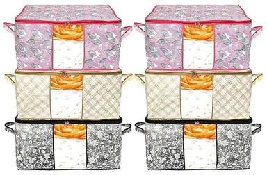Metallic Print Non Woven Underbed Storage Bags 6 Pieces Set with Transparent Window Zip Closure Blanket Cover Clothes Organiser for Wardrobe Bed Storage Ivory Black Pink KUBMART16649 thumbnail 2