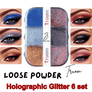 TRUOM Sparkle Loose Holographic Glitter Eyeshadow 6 Grid Box – Multi-Colour Shimmer Makeup for Women Party, Festival, Bridal & Daily Glam Look thumbnail 1
