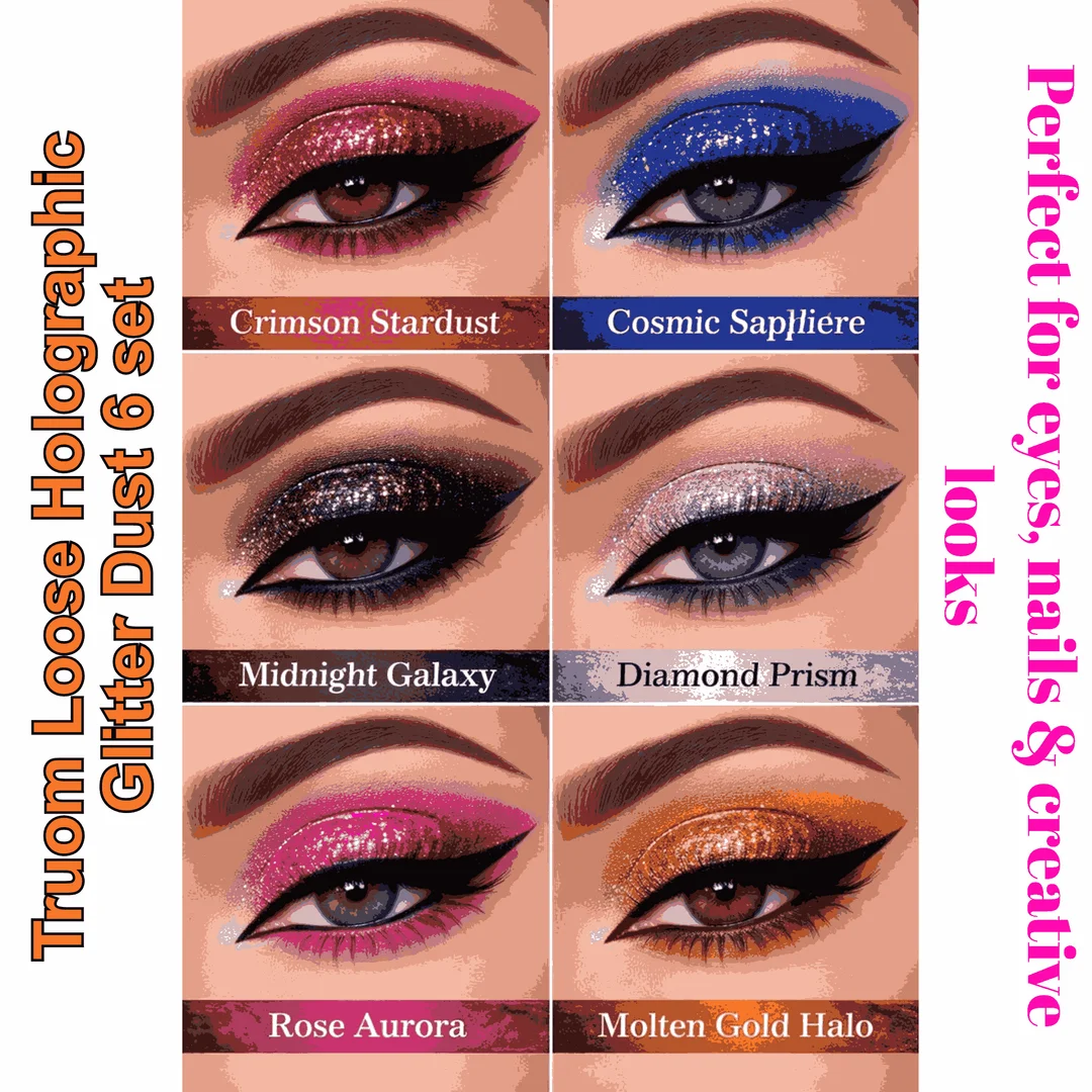 TRUOM Sparkle Loose Holographic Glitter Eyeshadow 6 Grid Box – Multi-Colour Shimmer Makeup for Women Party, Festival, Bridal & Daily Glam Look image 4