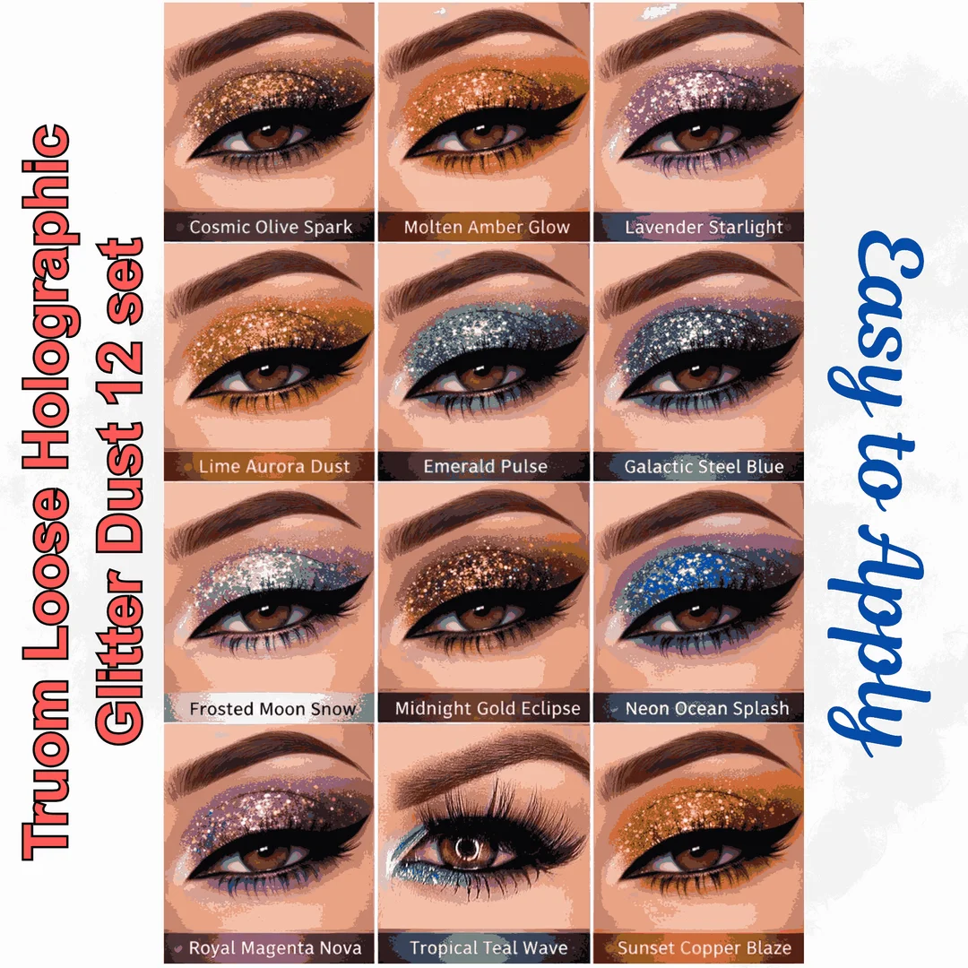 TRUOM Sparkle Loose Holographic Glitter Eyeshadow 12 Grid Box | Multi-Colour Shimmer Makeup for Women Party|Festival, Bridal & Daily Glam Look image 3