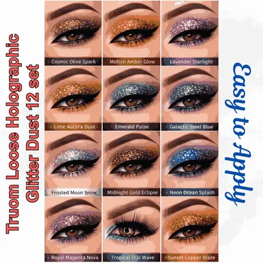 TRUOM Sparkle Loose Holographic Glitter Eyeshadow 12 Grid Box | Multi-Colour Shimmer Makeup for Women Party|Festival, Bridal & Daily Glam Look thumbnail 2