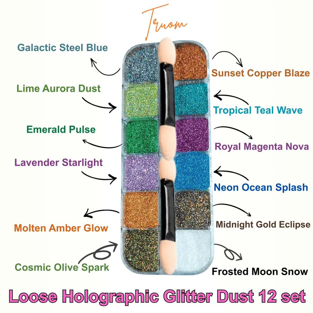 TRUOM Sparkle Loose Holographic Glitter Eyeshadow 12 Grid Box | Multi-Colour Shimmer Makeup for Women Party|Festival, Bridal & Daily Glam Look image 1