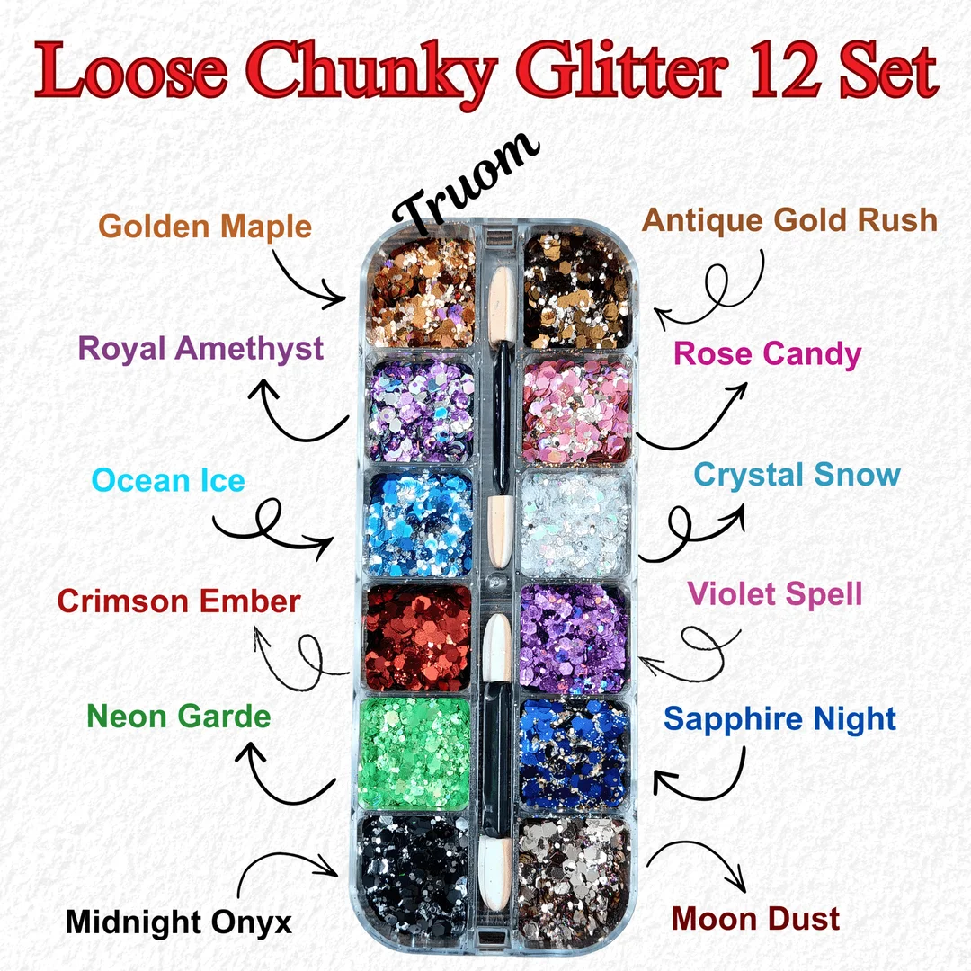 TRUOM Sparkle Loose Chunky Glitter For Makeup 12 Grid Box for Women Perfect For Nail Art image 1
