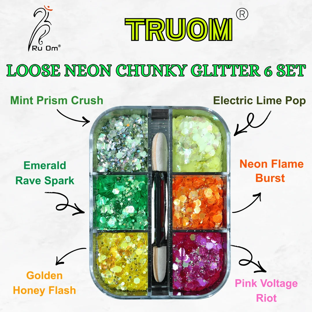 TRUOM Neon Loose Chunky Glitter For Makeup 6 Grid Box for Women Perfect For Nail Art image 1
