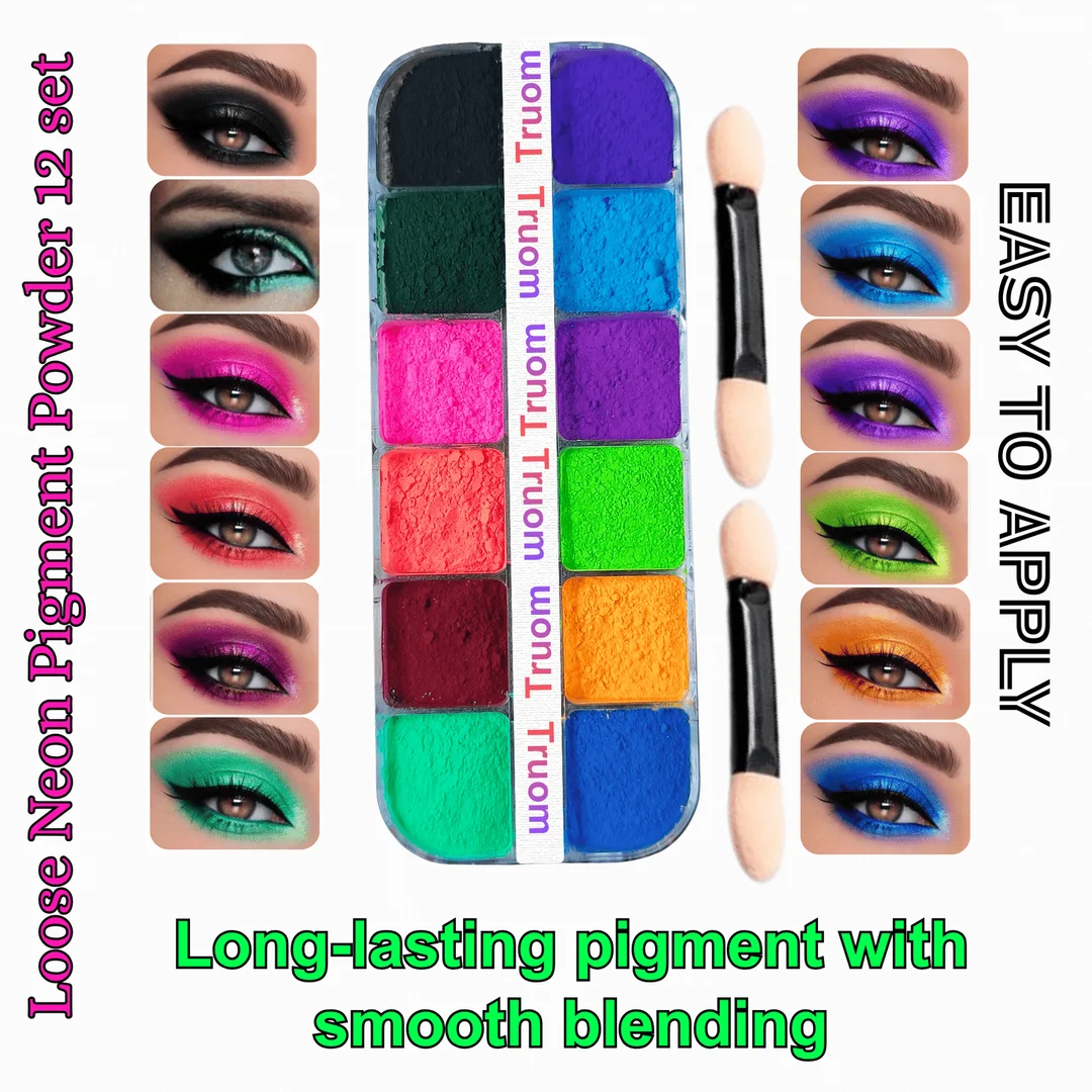 Loose Neon Pigment Powder Eyeshadow 12 Grid Box for Women Highly Pigmented Bright Matte Glitter UV Reactive Eye Makeup Palette for Party Festival Bridal Look India image 2