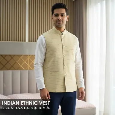 Men’s Cotton Blend Regular Fit Sleeveless Nehru Jacket Waistcoat Modi Jacket for Ethnic Wear Office Functions Festivals and Traditional Occasions thumbnail 1