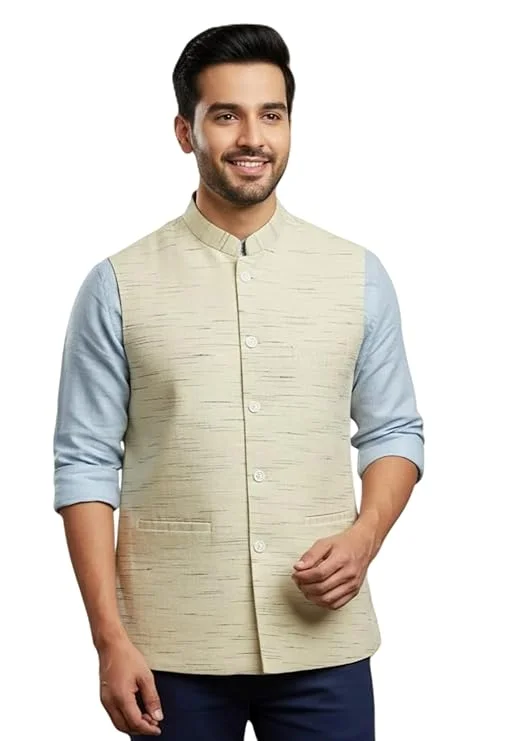 Men’s Cotton Blend Regular Fit Sleeveless Nehru Jacket Waistcoat Modi Jacket for Ethnic Wear Office Functions Festivals and Traditional Occasions image 3