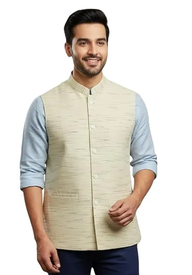 Men’s Cotton Blend Regular Fit Sleeveless Nehru Jacket Waistcoat Modi Jacket for Ethnic Wear Office Functions Festivals and Traditional Occasions thumbnail 2