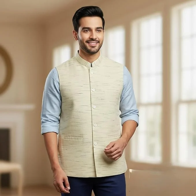 Men’s Cotton Blend Regular Fit Sleeveless Nehru Jacket Waistcoat Modi Jacket for Ethnic Wear Office Functions Festivals and Traditional Occasions image 1