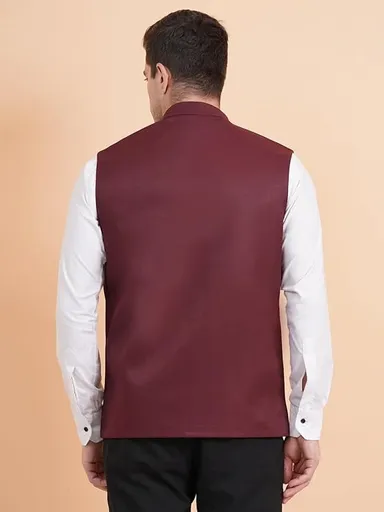 Pure Khadi Cotton Maroon Nehru Jacket for Men | Classic Modi Jacket Waistcoat for Festive, Traditional, Wedding | Formal Occasions thumbnail 1