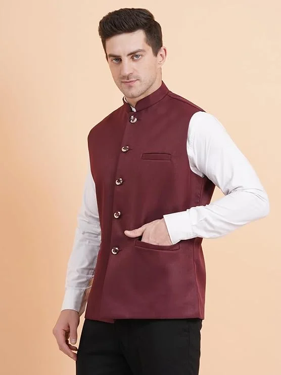 Pure Khadi Cotton Maroon Nehru Jacket for Men | Classic Modi Jacket Waistcoat for Festive, Traditional, Wedding | Formal Occasions image 3