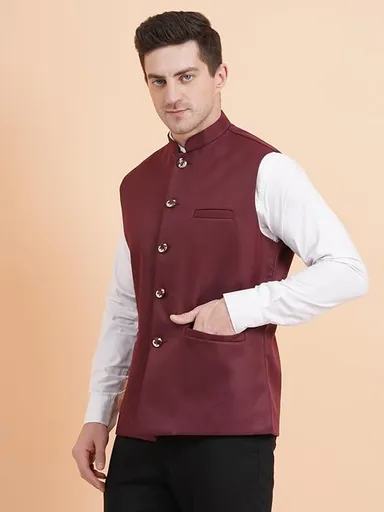 Pure Khadi Cotton Maroon Nehru Jacket for Men | Classic Modi Jacket Waistcoat for Festive, Traditional, Wedding | Formal Occasions thumbnail 2