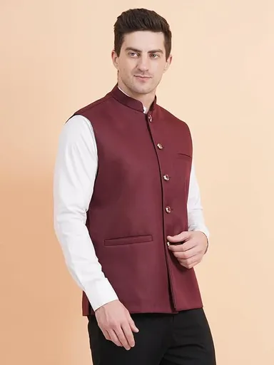 Pure Khadi Cotton Maroon Nehru Jacket for Men | Classic Modi Jacket Waistcoat for Festive, Traditional, Wedding | Formal Occasions thumbnail 3