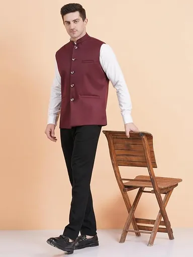 Pure Khadi Cotton Maroon Nehru Jacket for Men | Classic Modi Jacket Waistcoat for Festive, Traditional, Wedding | Formal Occasions thumbnail 4