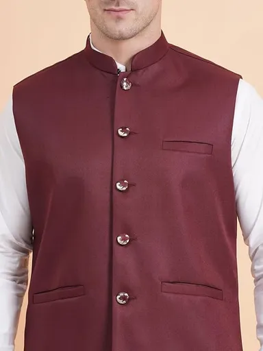 Pure Khadi Cotton Maroon Nehru Jacket for Men | Classic Modi Jacket Waistcoat for Festive, Traditional, Wedding | Formal Occasions thumbnail 5
