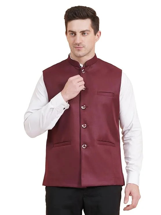 Pure Khadi Cotton Maroon Nehru Jacket for Men | Classic Modi Jacket Waistcoat for Festive, Traditional, Wedding | Formal Occasions image 1