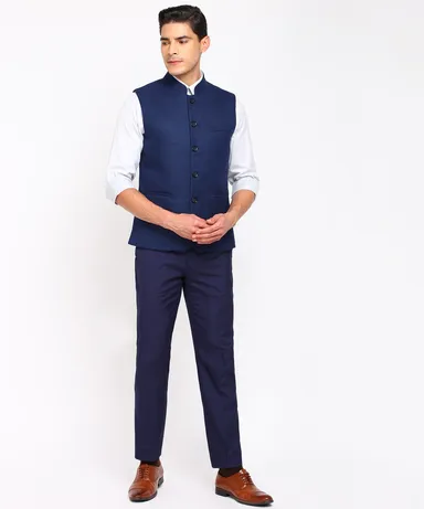 Men’s Nehru Jacket Kurta Set featuring a classic white kurta paired with a stylish sleeveless Modi Jacket Sadri/Koti in elegant navy blue, dark blue, and saffron shades, perfect for weddings and festive occasions. thumbnail 1