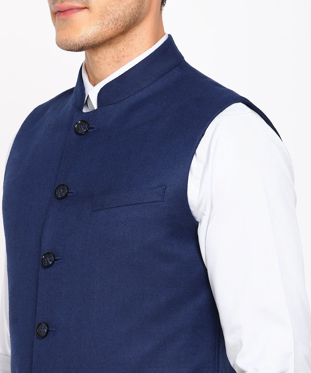 Men’s Nehru Jacket Kurta Set featuring a classic white kurta paired with a stylish sleeveless Modi Jacket Sadri/Koti in elegant navy blue, dark blue, and saffron shades, perfect for weddings and festive occasions. image 4
