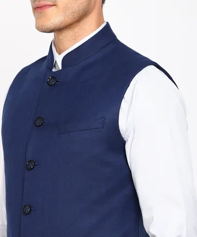 Men’s Nehru Jacket Kurta Set featuring a classic white kurta paired with a stylish sleeveless Modi Jacket Sadri/Koti in elegant navy blue, dark blue, and saffron shades, perfect for weddings and festive occasions. thumbnail 3