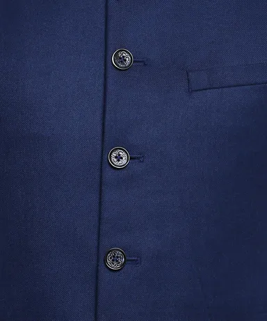 Men’s Nehru Jacket Kurta Set featuring a classic white kurta paired with a stylish sleeveless Modi Jacket Sadri/Koti in elegant navy blue, dark blue, and saffron shades, perfect for weddings and festive occasions. thumbnail 4