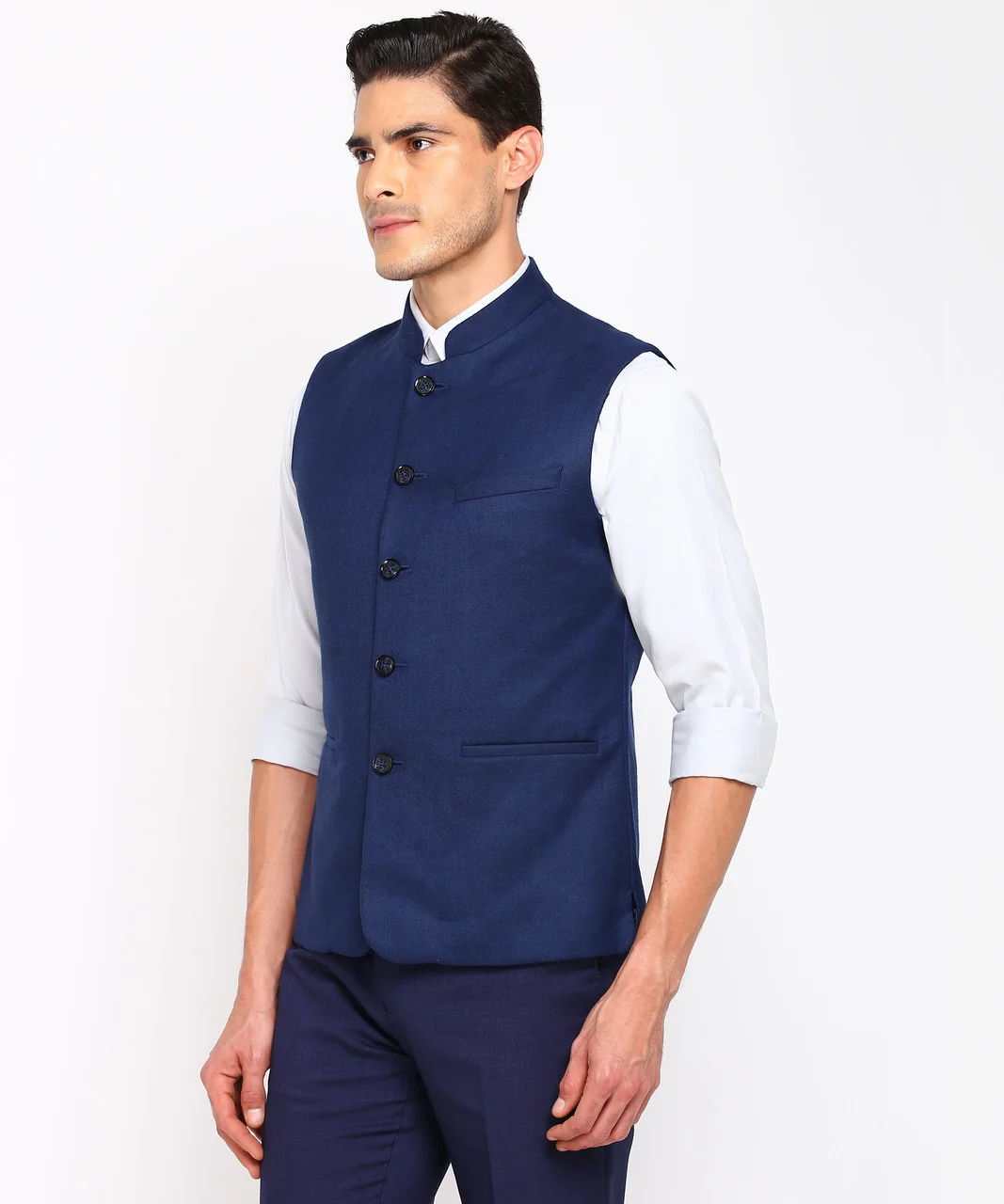 Men’s Nehru Jacket Kurta Set featuring a classic white kurta paired with a stylish sleeveless Modi Jacket Sadri/Koti in elegant navy blue, dark blue, and saffron shades, perfect for weddings and festive occasions. image 1