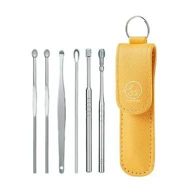 Ear Wax Removal Kit with 6 Pieces Stainless Steel Spiral Curette Ear Cleaner Tool Set with Cleaning Brush Yellow Reusable Ear Cleaning Tools for Adults Kids Safe Manual Earwax Remover India thumbnail 0