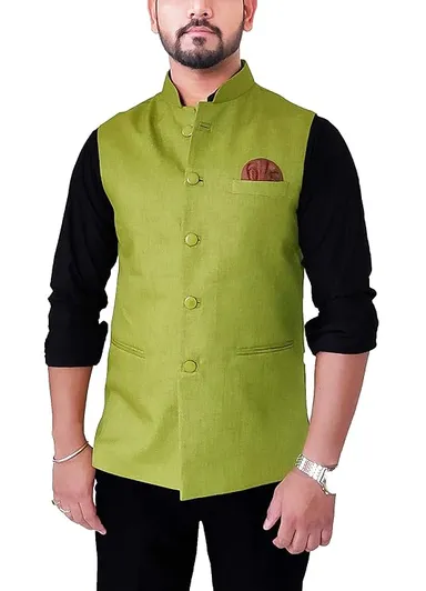 Pista Green Khadi Cotton Modi Jacket | Sleeveless Nehru Waistcoat for Men | Organic Handloom Ethnic Wear thumbnail 1