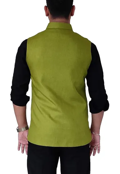 Pista Green Khadi Cotton Modi Jacket | Sleeveless Nehru Waistcoat for Men | Organic Handloom Ethnic Wear thumbnail 2