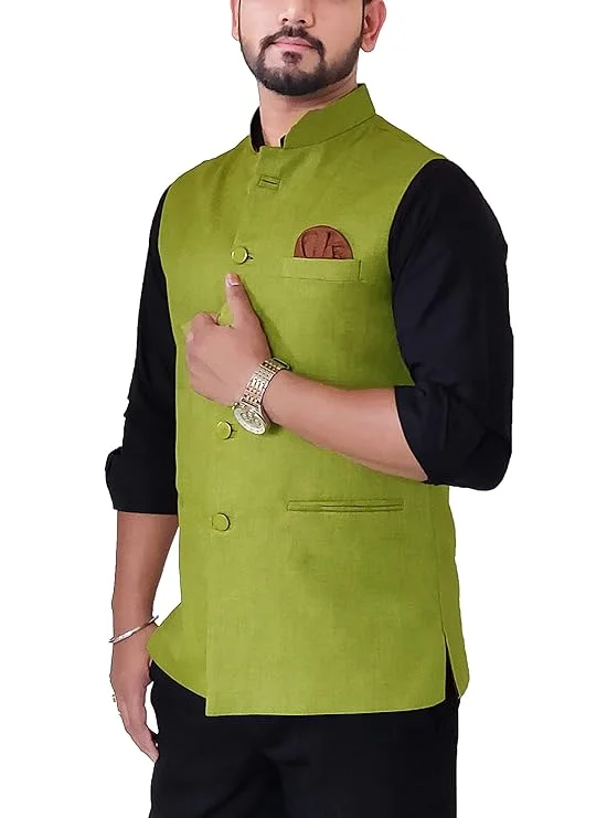 Pista Green Khadi Cotton Modi Jacket | Sleeveless Nehru Waistcoat for Men | Organic Handloom Ethnic Wear image 1