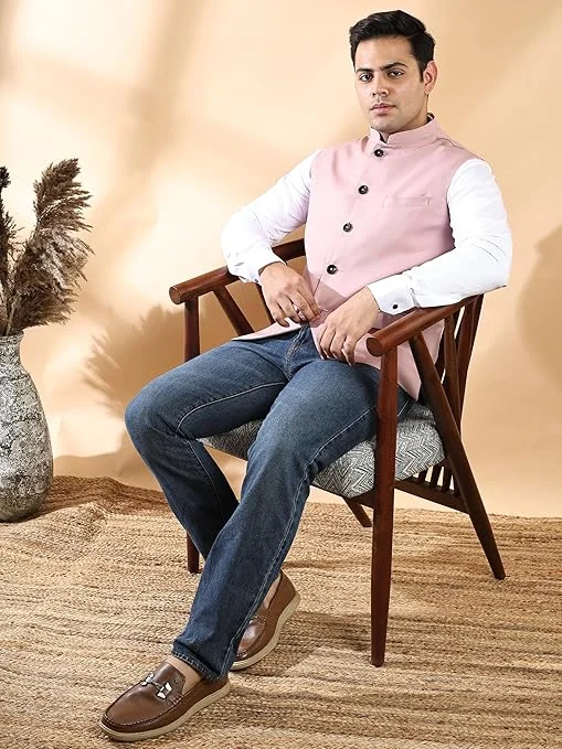 Men’s Peach Khadi Cotton Modi Jacket | Sleeveless Ethnic Waistcoat | Traditional Khadi Sadri | Party & Festive Wear Bundi | Summer Light Orange Cotton Vest | Stylish Ethnic Coat for Men image 4