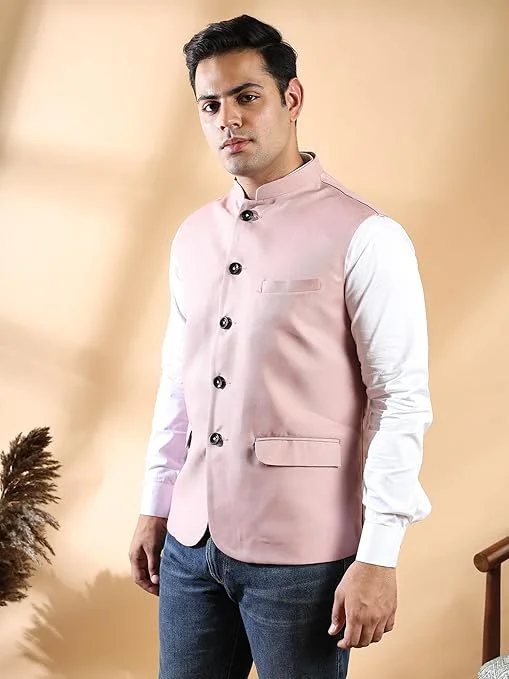 Men’s Peach Khadi Cotton Modi Jacket | Sleeveless Ethnic Waistcoat | Traditional Khadi Sadri | Party & Festive Wear Bundi | Summer Light Orange Cotton Vest | Stylish Ethnic Coat for Men image 1