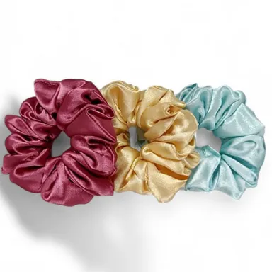 “Set of 3 Satin Hair Scrunchies – Burgundy, Gold & Light Blue  Soft Elastic Hair Accessories for Women & Girls” thumbnail 0