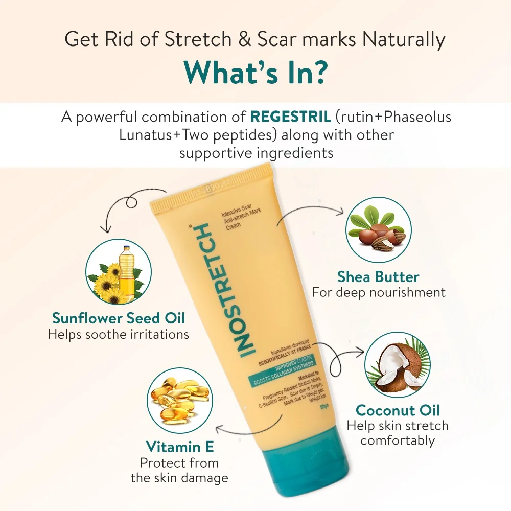 Inostretch Stretch Mark Cream 60gm | Reduce Stretch Marks & Scars with Rutin, Shea Butter, Two Peptides, Coconut oil, Sunflower seed oil, Green Bean seed extract | Paraben Free & Dermatologist Approved Stretch Mark Removal Cream (Pack of 1) image 3